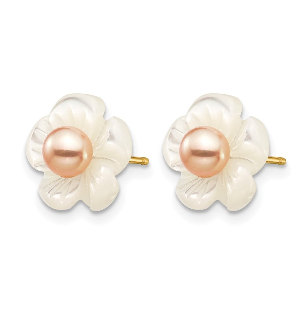 1/20 14K Gold Filled 3-4mm Pink Freshwater Culture Pearl MOP Flower Post Earrings