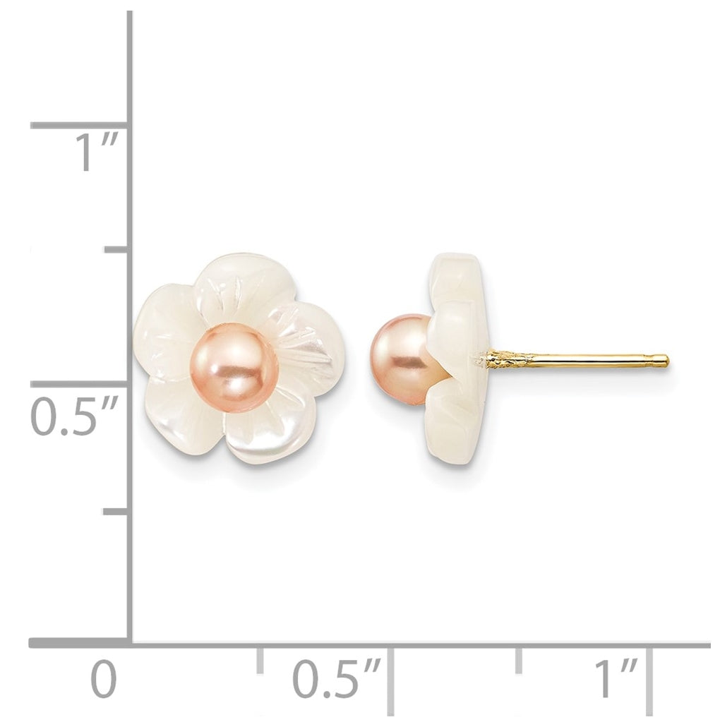 1/20 14K Gold Filled 3-4mm Pink Freshwater Culture Pearl MOP Flower Post Earrings