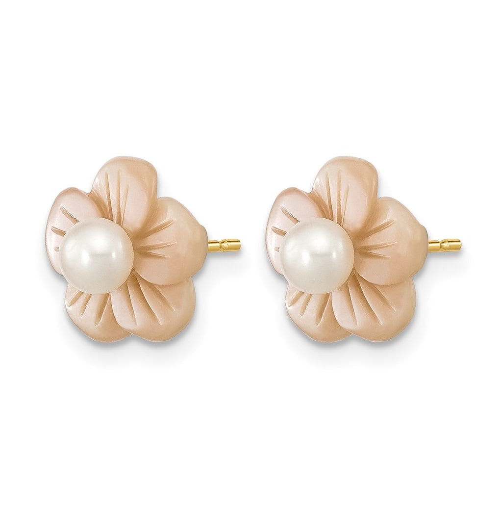 1/20 14K Gold Filled 3-4mm Rnd Freshwater Culture Pearl Pink MOP Flower Earrings