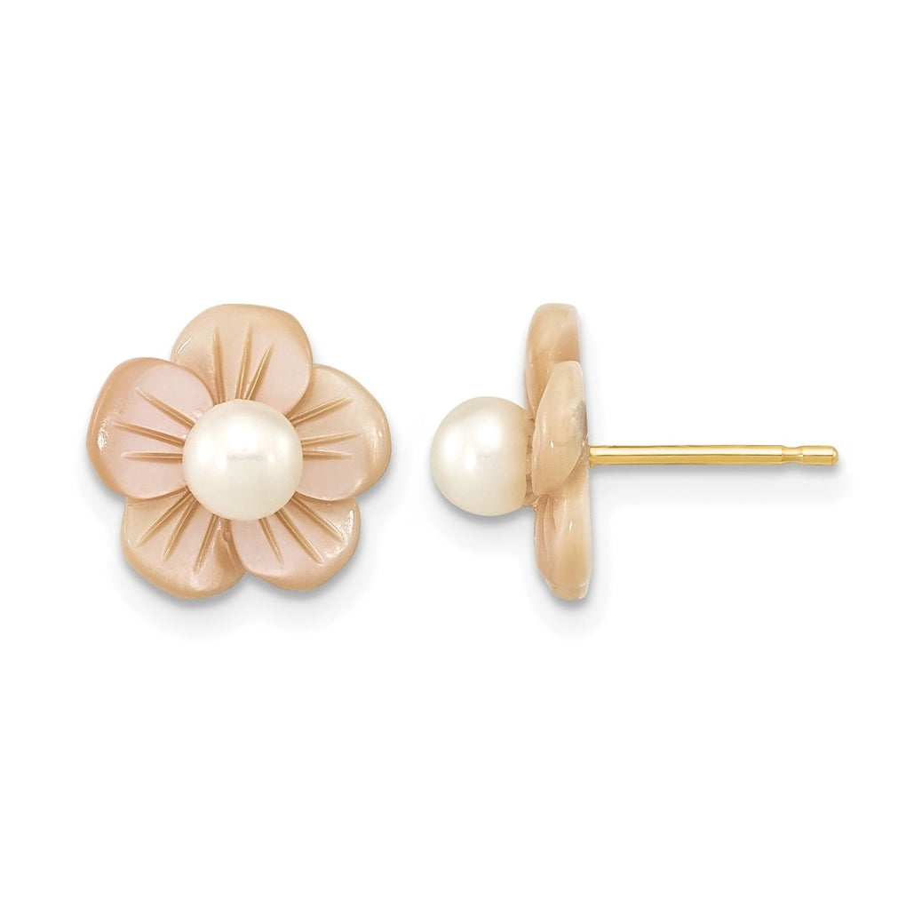 1/20 14K Gold Filled 3-4mm Rnd Freshwater Culture Pearl Pink MOP Flower Earrings