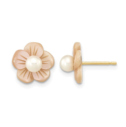 1/20 14K Gold Filled 3-4mm Rnd Freshwater Culture Pearl Pink MOP Flower Earrings