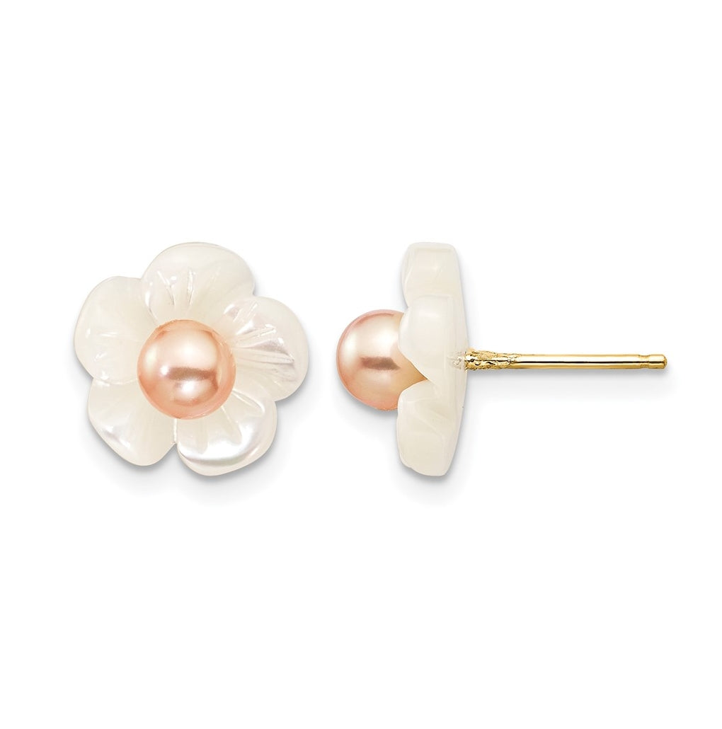 1/20 14K Gold Filled 3-4mm Pink Freshwater Culture Pearl MOP Flower Post Earrings