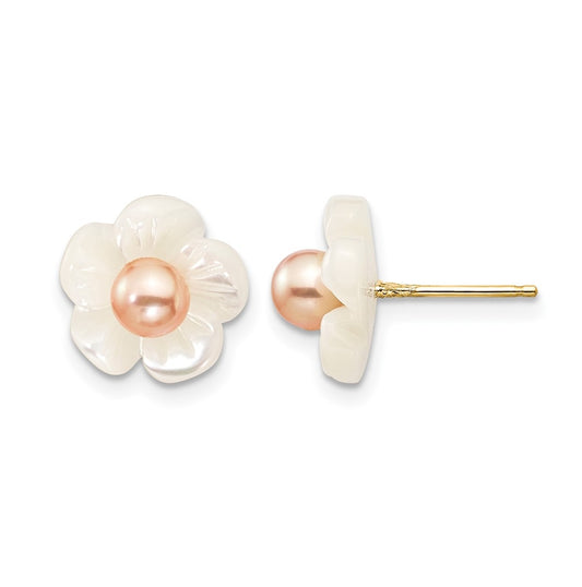 1/20 14K Gold Filled 3-4mm Pink Freshwater Culture Pearl MOP Flower Post Earrings