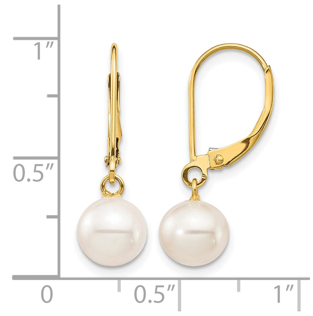 1/20 14K Gold Filled 7-8mm White Round Freshwater Culture Pearl Leverback Earrings