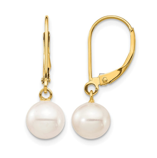 1/20 14K Gold Filled 7-8mm White Round Freshwater Culture Pearl Leverback Earrings