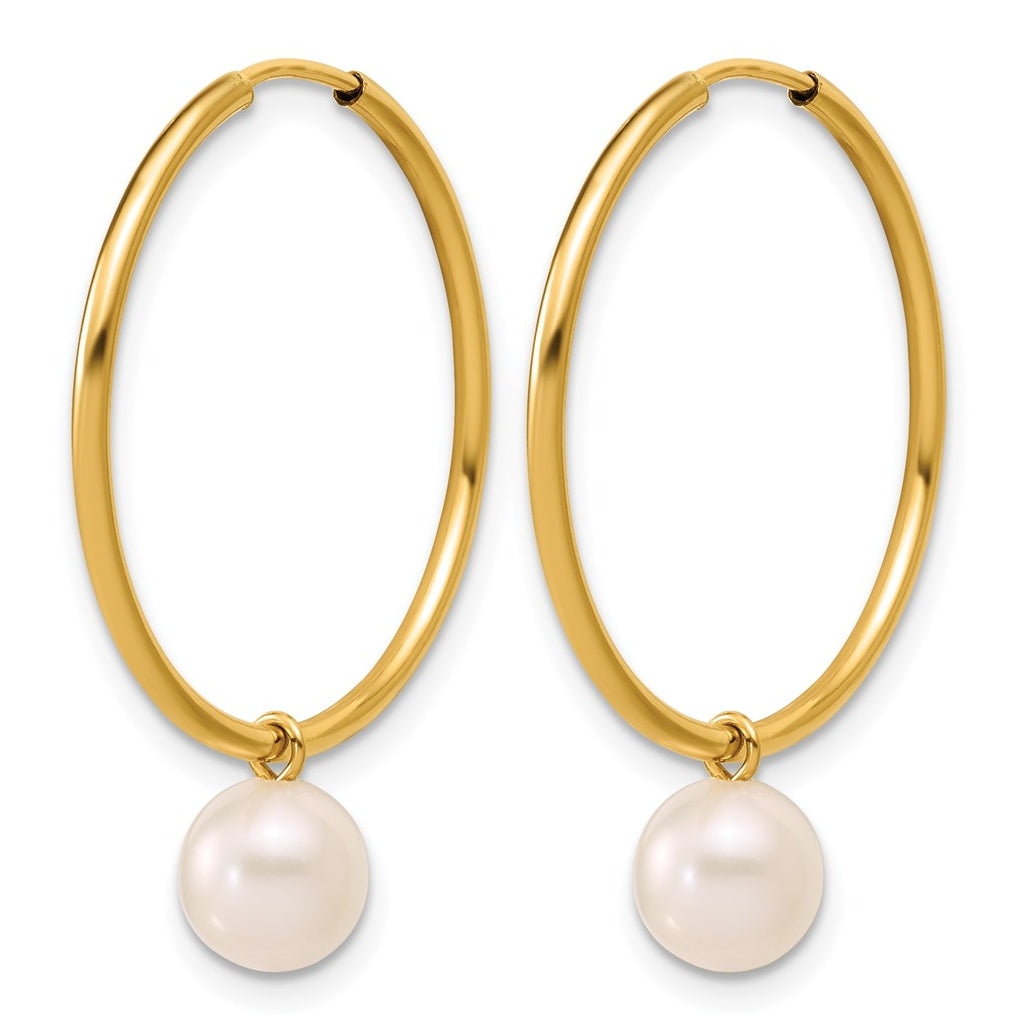 1/20 14K Gold Filled 6-7mm Rnd White Freshwater Culture Pearl Dangle Hoop Earrings