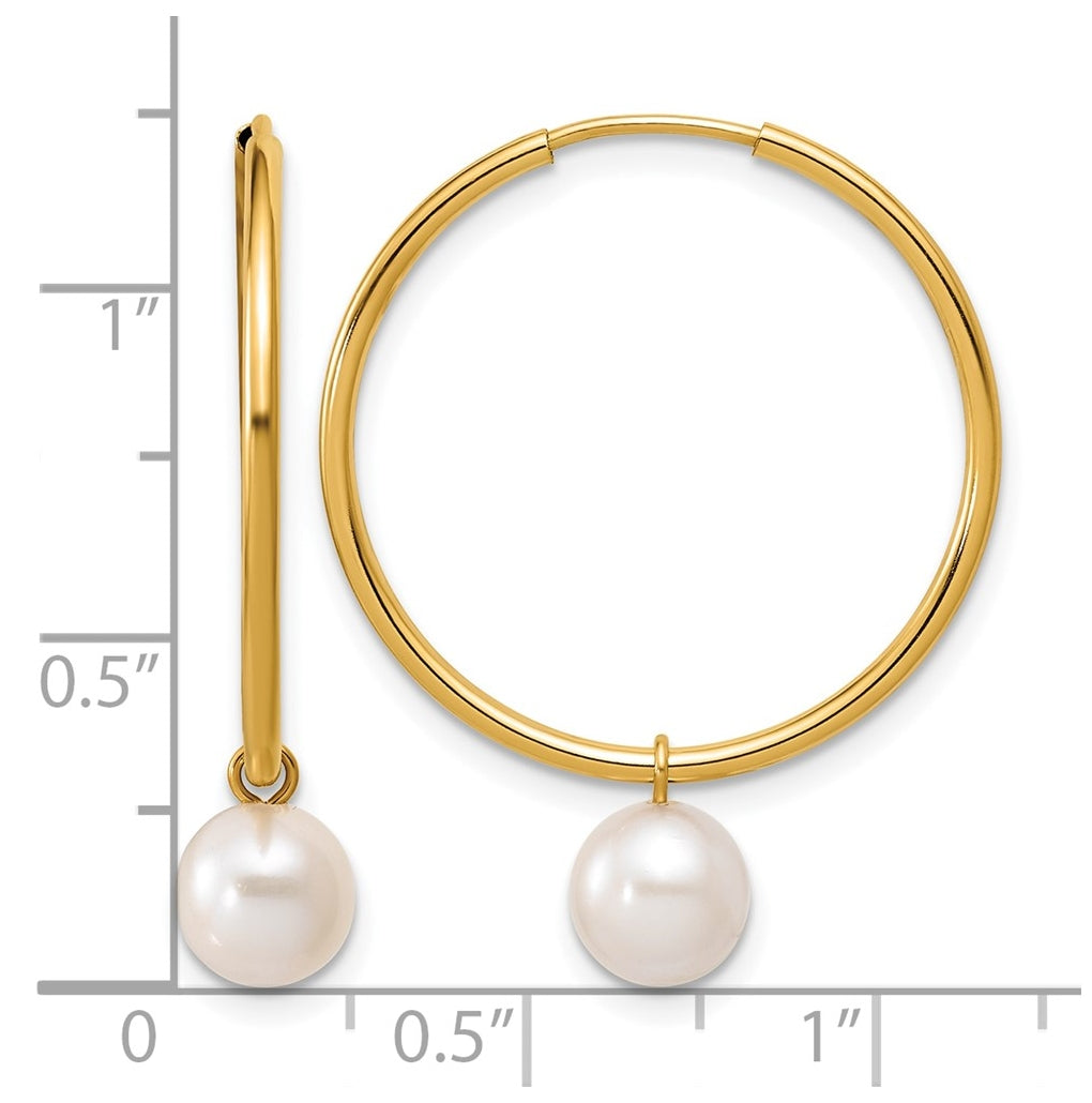 1/20 14K Gold Filled 6-7mm Rnd White Freshwater Culture Pearl Dangle Hoop Earrings