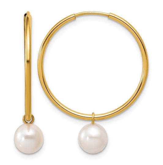 1/20 14K Gold Filled 6-7mm Rnd White Freshwater Culture Pearl Dangle Hoop Earrings