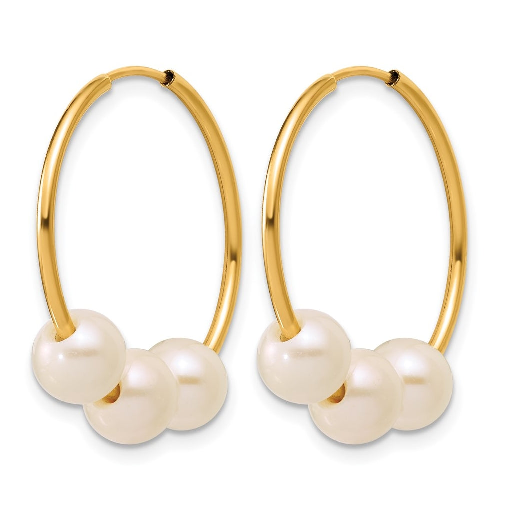 1/20 14K Gold Filled 5-6mm 3 Round White Freshwater Culture Pearl Hoop Earrings