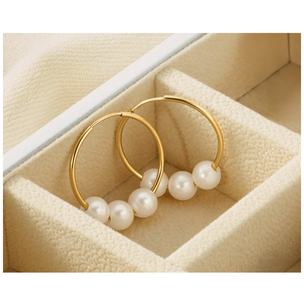 1/20 14K Gold Filled 5-6mm 3 Round White Freshwater Culture Pearl Hoop Earrings