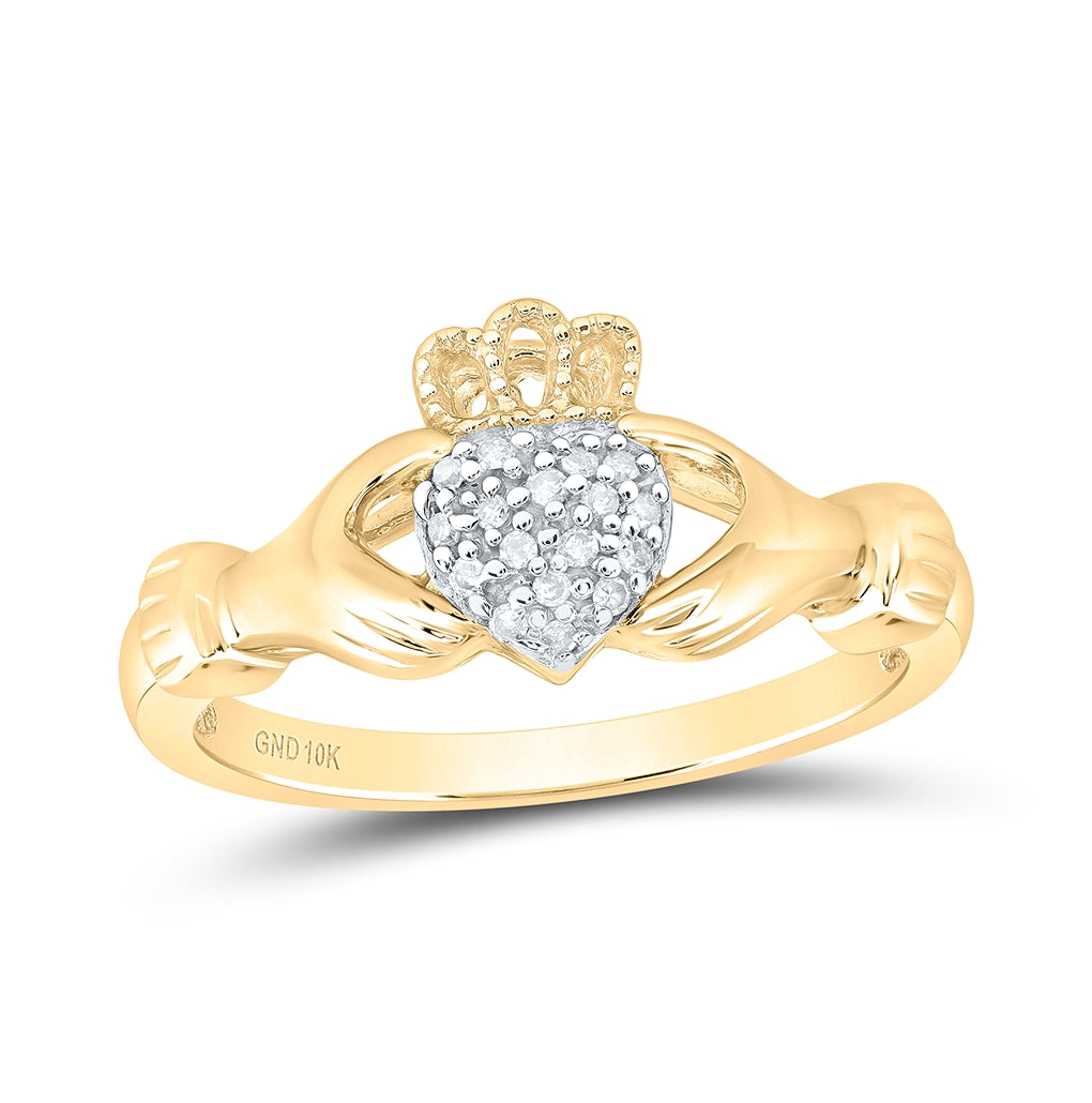 10K Yellow Gold Womens Round Diamond Claddagh Hands & Heart Cluster Ring 1/20 Cttw, Womens Size: 5-10