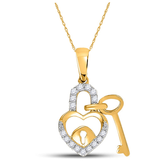 10K Yellow Or White Gold Womens Round Diamond Heart Lock Key Dangle Pendant 1/10 Cttw, Width: 0.31 In