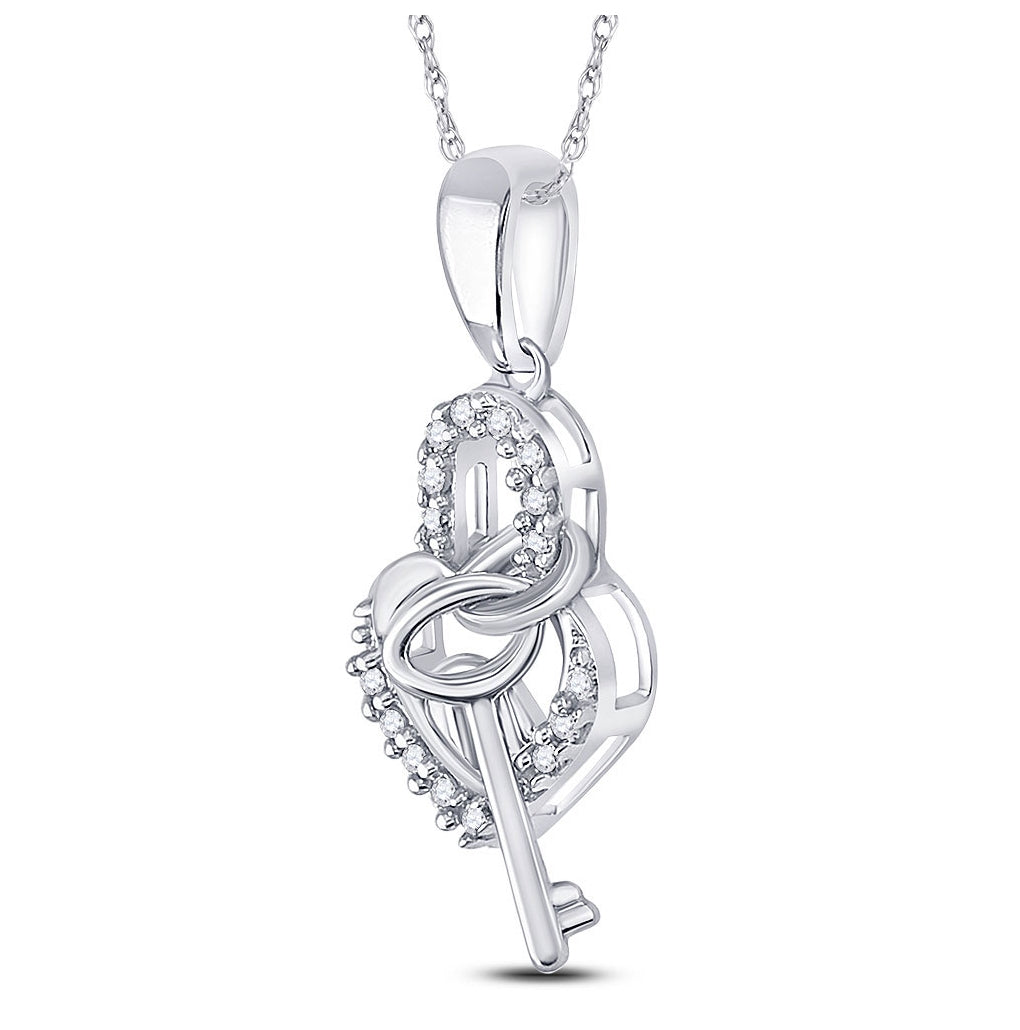 10K Yellow Or White Gold Womens Round Diamond Heart Lock Key Dangle Pendant 1/10 Cttw, Width: 0.31 In