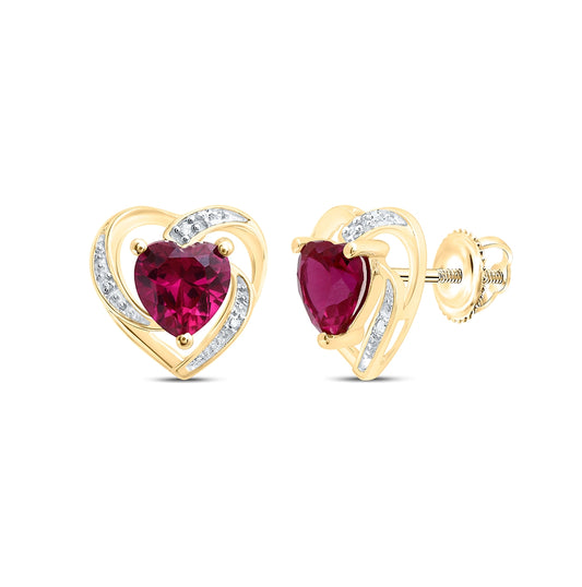 10K Yellow Gold Womens Round Synthetic Ruby Diamond Heart Earrings 3/8 Cttw, Length: 0.4 In, Width: 0.41 In