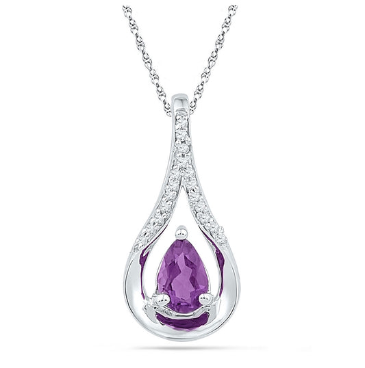 Sterling Silver Womens Pear Synthetic Amethyst Solitaire Diamond Teardrop Pendant 1/2ctw, Width: 0.35 In