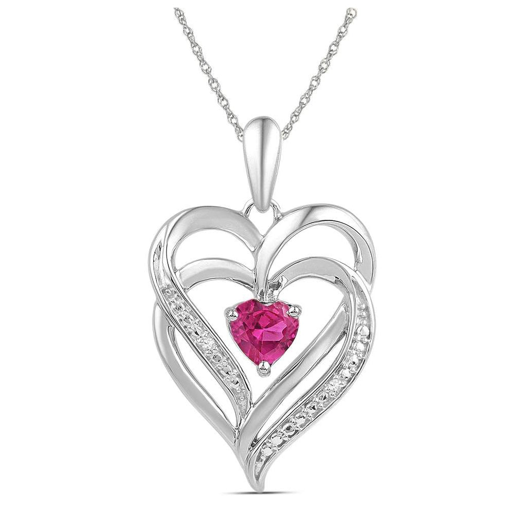 Sterling Silver Womens Round Synthetic Pink Sapphire Double Heart Pendant 3/4ctw, Width: 0.63 In