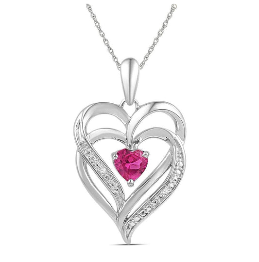 Sterling Silver Womens Round Synthetic Pink Sapphire Double Heart Pendant 3/4ctw, Width: 0.63 In
