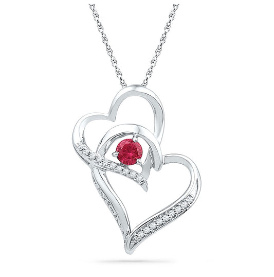 Sterling Silver Womens Round Synthetic Ruby Double Heart Pendant 1/3ctw, Width: 0.6 In