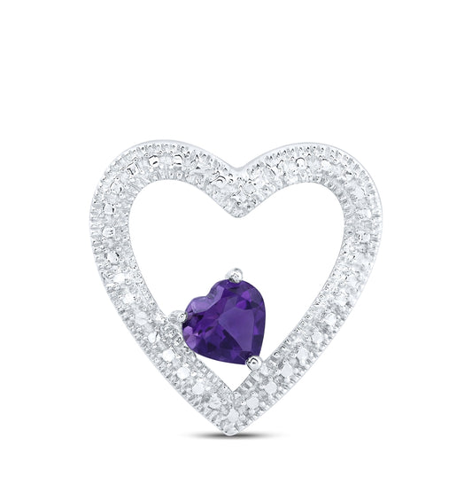 Sterling Silver Womens Round Synthetic Amethyst Solitaire Heart Pendant 5/8ctw, Width: 0.74 In