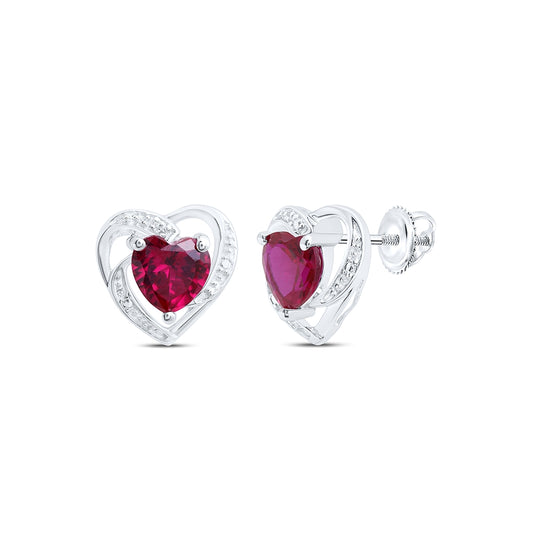Sterling Silver Womens Round Synthetic Ruby Heart Earrings 2-1/5ctw, Length: 0.4 Inch Width: 0.41 Inch