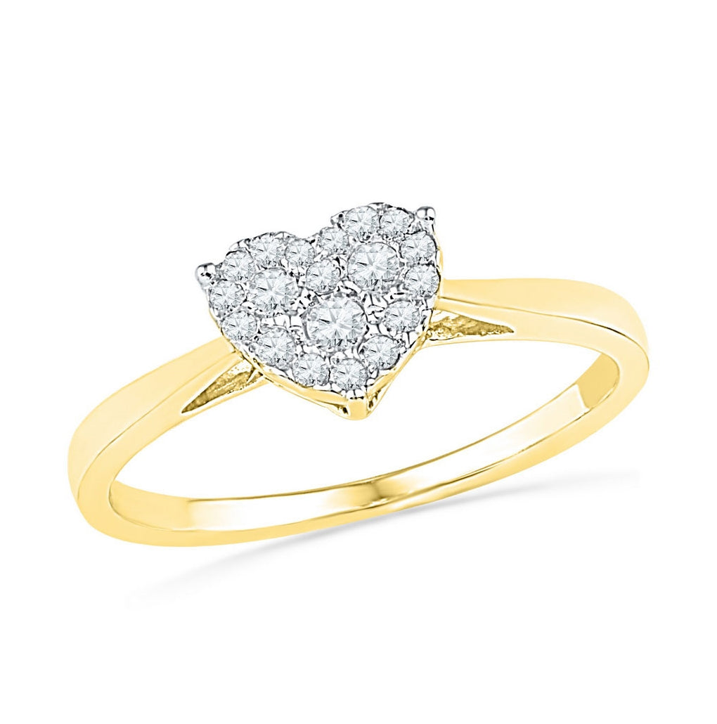 10K Yellow Gold Womens Round Diamond Simple Heart Cluster Ring 1/6 Cttw, Womens Size: 5-10