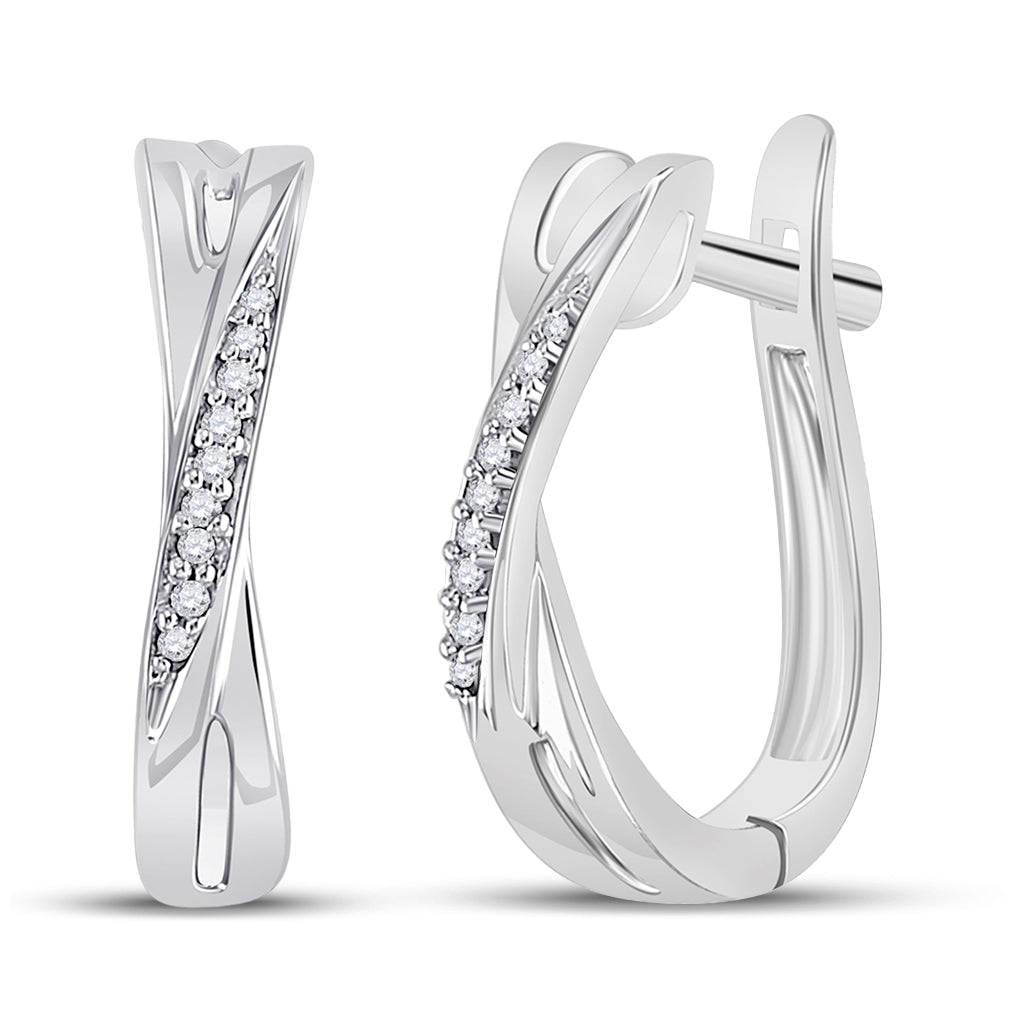 10K White Gold Womens Round Diamond Slender Crossover Hoop Earrings 1/20 Cttw, Length: 0.58 In, Width: 0.14 In