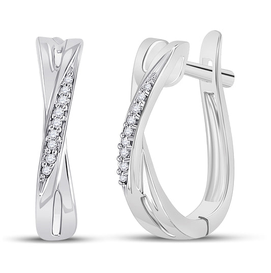 10K White Gold Womens Round Diamond Slender Crossover Hoop Earrings 1/20 Cttw, Length: 0.58 In, Width: 0.14 In