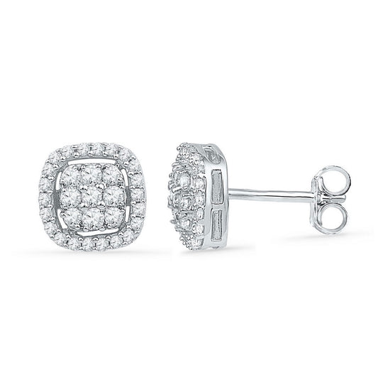 10kt White Gold Womens Round Diamond Square Cluster Earrings 1/2 Cttw
