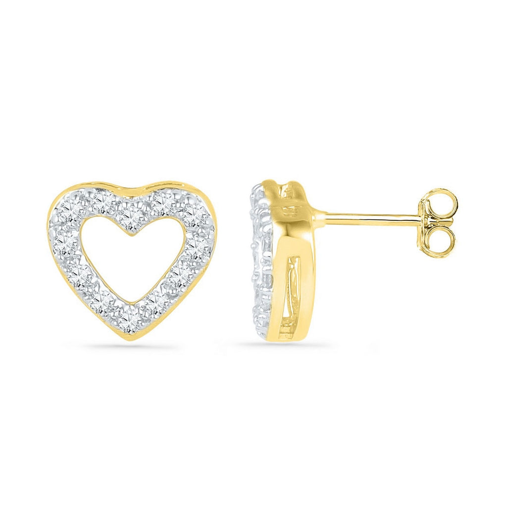 10K Yellow Gold Womens Round Diamond Heart Earrings 1/8 Cttw, Length: 0.26 In, Width: 0.28 In