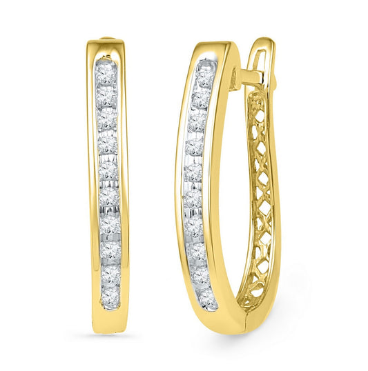 10K Yellow Gold Womens Round Diamond Slender Single Row Oblong Hoop Earrings 1/5 Cttw, Length: 0.73 In, Width: 0.11 In