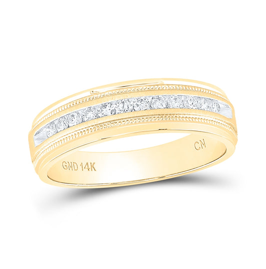 14K Yellow Gold Mens Machine Set Round Diamond Wedding Channel Band Ring 1/4 Cttw, Mens Size: 7-13
