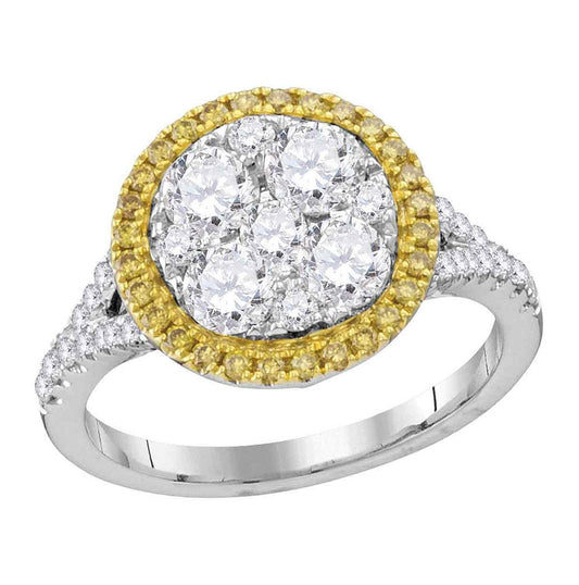 18kt White Gold 18kt White Gold Womens Round Yellow Diamond Cluster Bridal Wedding Engagement Ring 1-5/8 Cttw