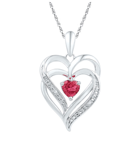 Sterling Silver Womens Round Synthetic Ruby & Diamond Heart Pendant .01ctw, Width: 0.63 In