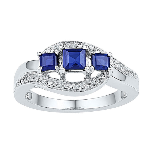Sterling Silver Womens Princess Lab-created Blue Sapphire 3-stone Ring 7/8 Cttw