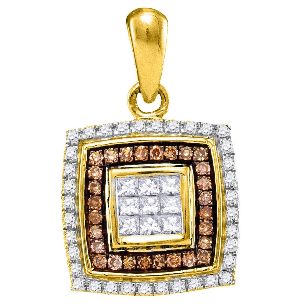 10K Yellow Or White Gold Womens Round Brown Diamond Square Pendant 1/3 Cttw