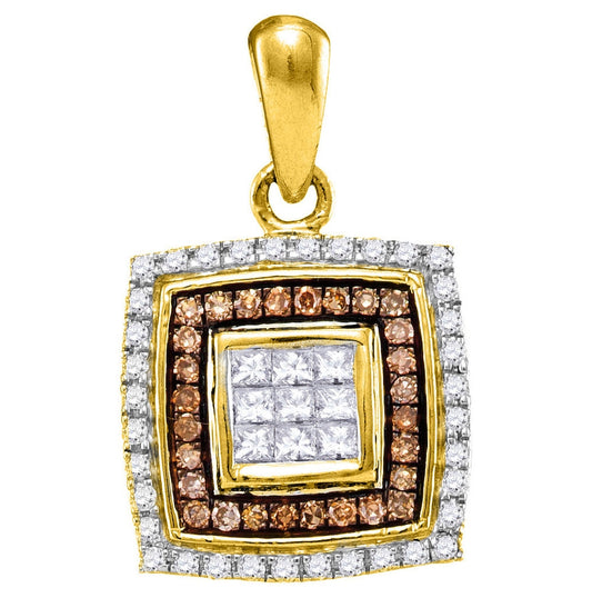 10K Yellow Or White Gold Womens Round Brown Diamond Square Pendant 1/3 Cttw