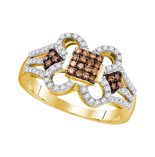 10kt Yellow Gold Womens Round Brown Diamond Quatrefoil Square Cluster Ring 1/2 Cttw