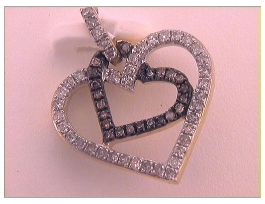 10kt Yellow Gold Womens Round Brown Diamond Double Linked Heart Pendant 1/4 Cttw