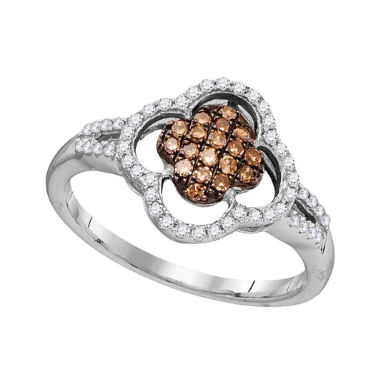 10kt White Gold Womens Round Brown Diamond Quatrefoil Cluster Ring 1/3 Cttw