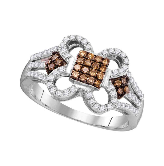 10kt White Gold Womens Round Brown Diamond Quatrefoil Square Cluster Ring 1/2 Cttw