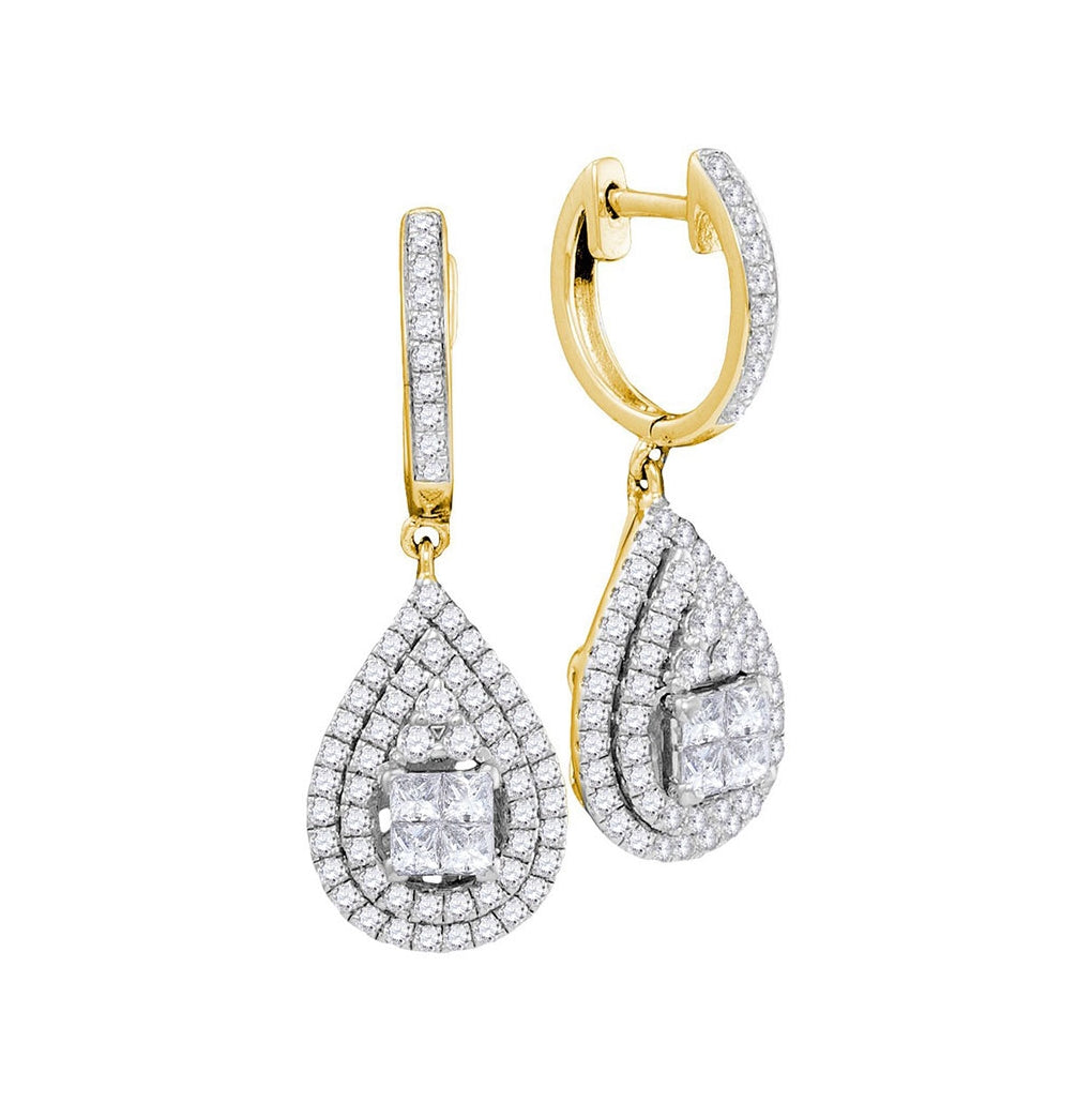 14kt Yellow Gold Womens Princess Round Diamond Teardrop Frame Cluster Earrings 1.00 Cttw