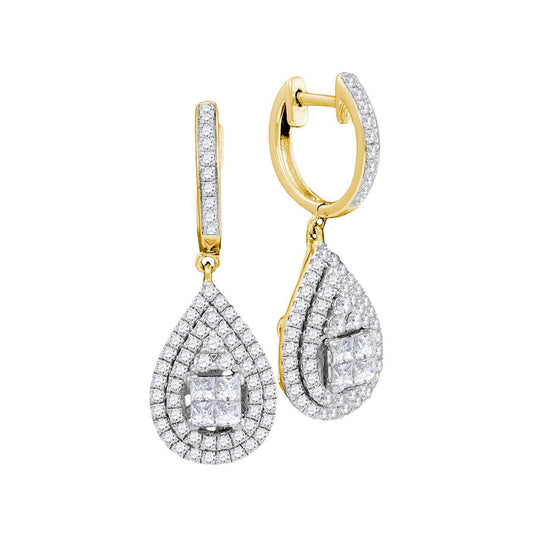 14kt Yellow Gold Womens Princess Round Diamond Teardrop Frame Cluster Earrings 1.00 Cttw