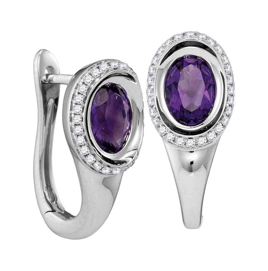 14kt White Gold Womens Oval Natural Amethyst Diamond Hoop Earrings 1/4 Cttw