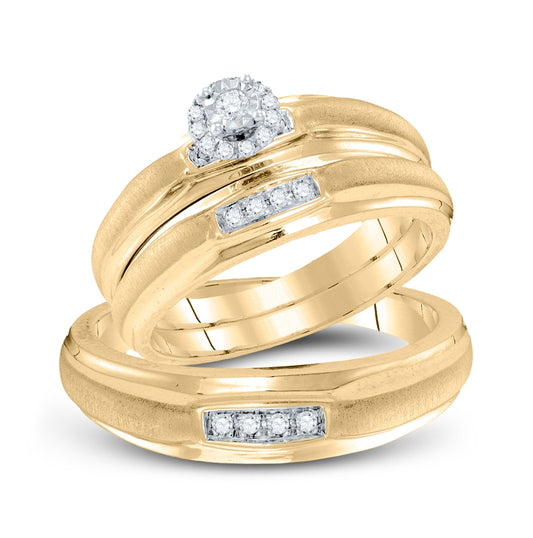 Yellow-tone Sterling Silver His & Hers Round Diamond Solitaire Matching Bridal Wedding Ring Band Set 1/6 Cttw