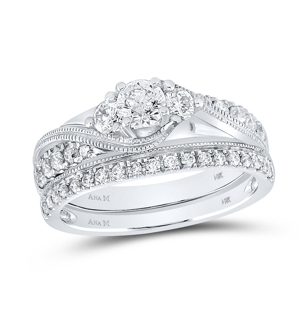 14K White Gold Round Diamond 3-Stone Bridal Wedding Ring Band Set 7/8 Cttw, Womens Size: 5-10