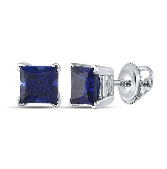 Sterling Silver Womens Princess Lab-created Blue Sapphire Solitaire Stud Earrings 2.00 Cttw
