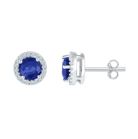 10K White Gold Womens Round Synthetic Blue Sapphire Diamond Stud Earrings 1-1/2 Cttw, Length: 0.28 In, Width: 0.28 In