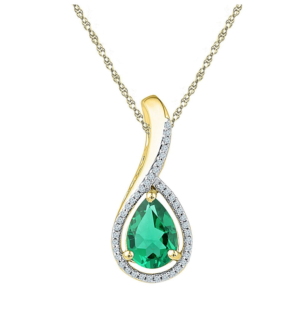 10K Yellow Gold Womens Pear Synthetic Emerald Solitaire Diamond Pendant 2 Cttw, Length: 0.69 In, Width: 0.37 In