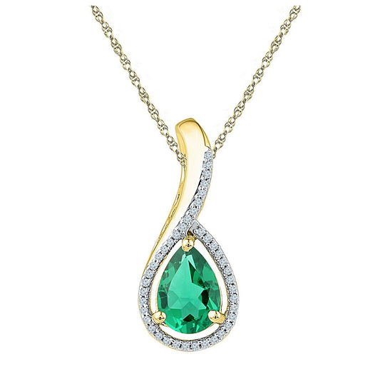 10K Yellow Gold Womens Pear Synthetic Emerald Solitaire Diamond Pendant 2 Cttw, Length: 0.69 In, Width: 0.37 In