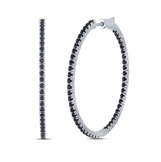 14kt White Gold 2  7/8ctw Diamond Black Spphire Natural Gem Hoops Earring